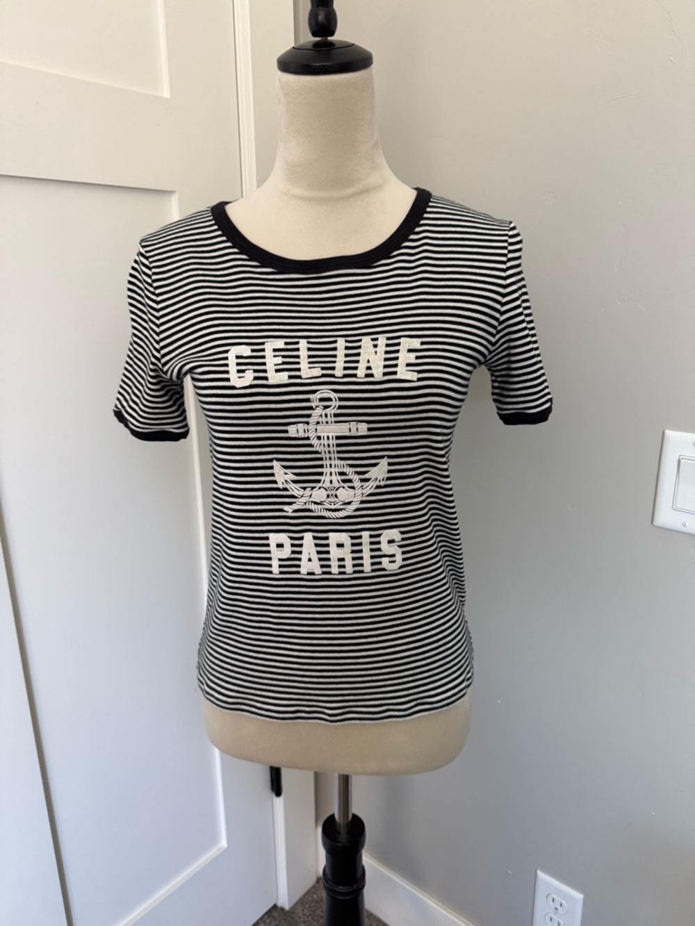 Celine Black and White Striped Anchor Tee Size S